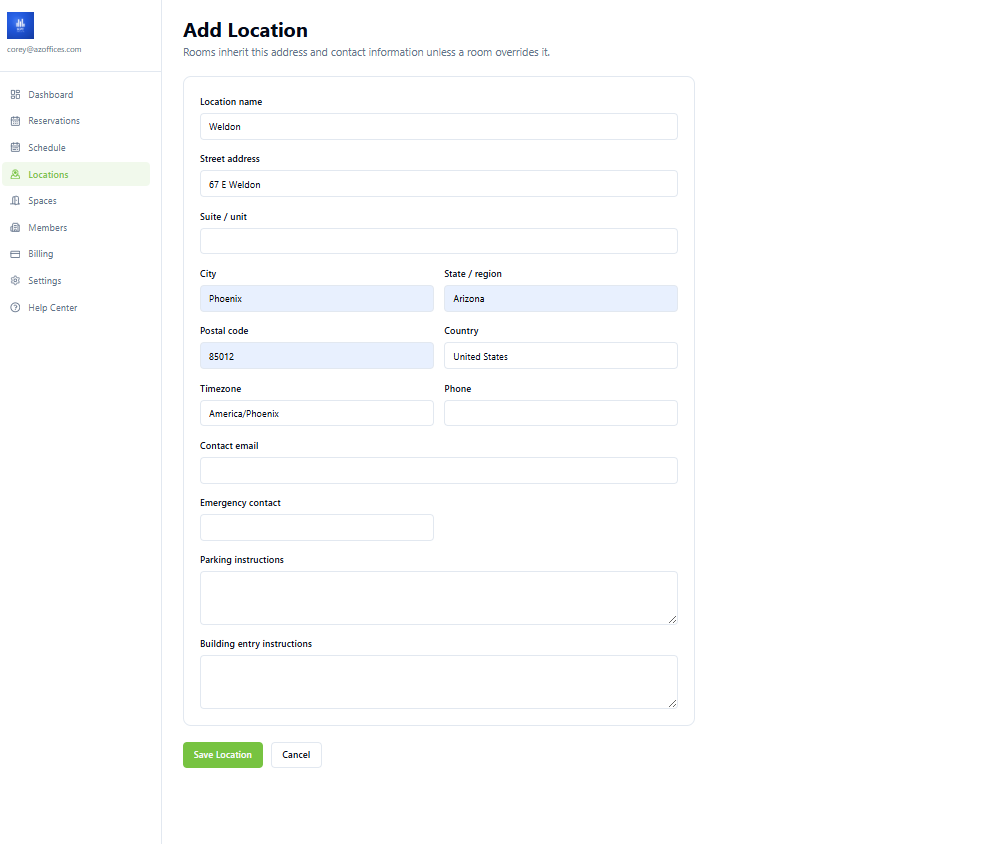 Add Location form with building name, address, timezone, and contact details
