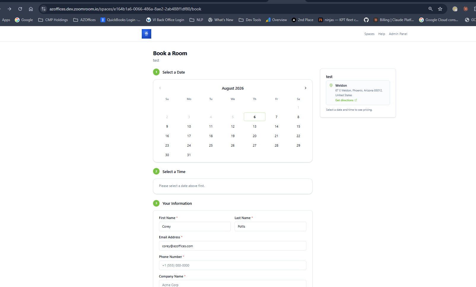 Public space booking page showing the location name, address, and directions link