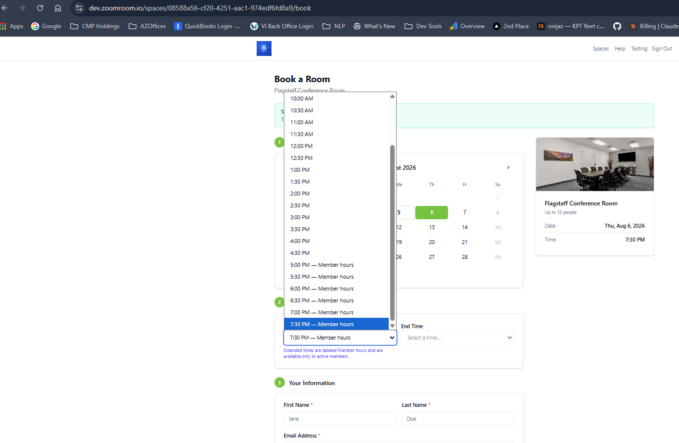 Booking time menu with extended times labeled Member hours