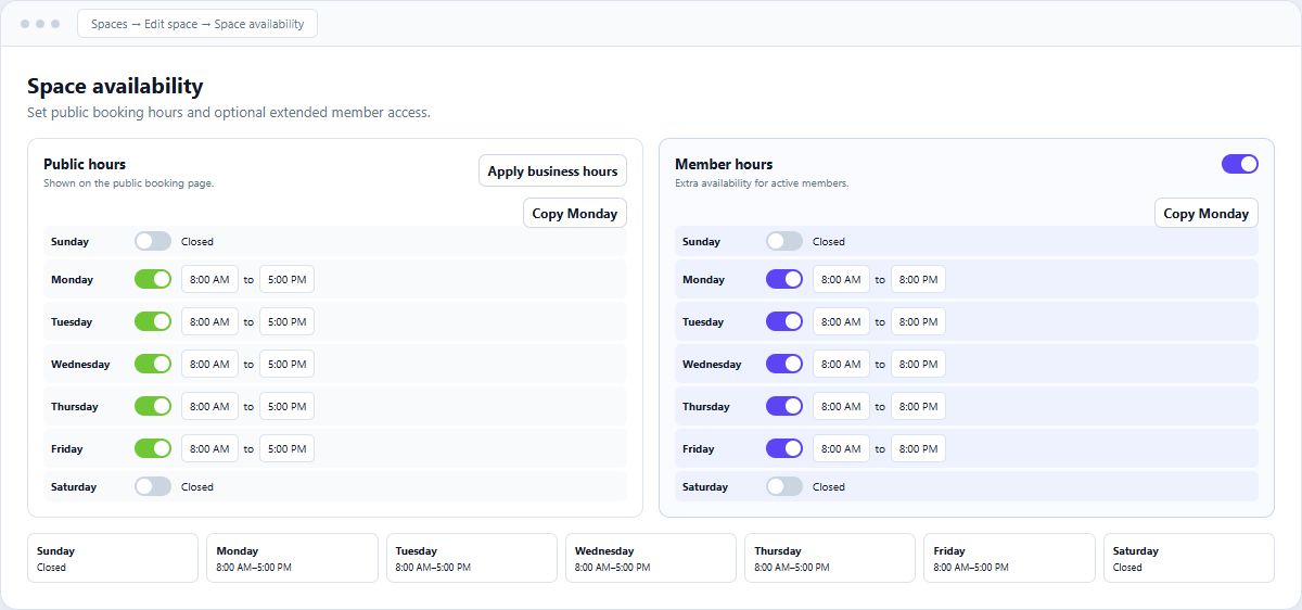 Compact Space Availability editor with public and member hours side by side and a weekly preview