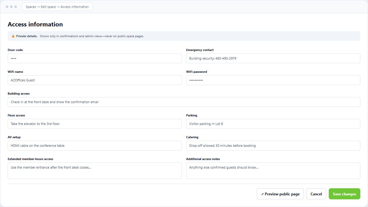 Compact private access-information fields with the Preview public page button