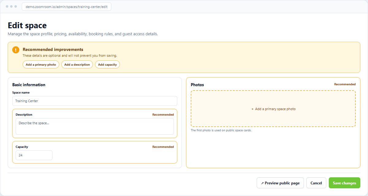 Space editor showing optional recommended improvements and highlighted space profile fields